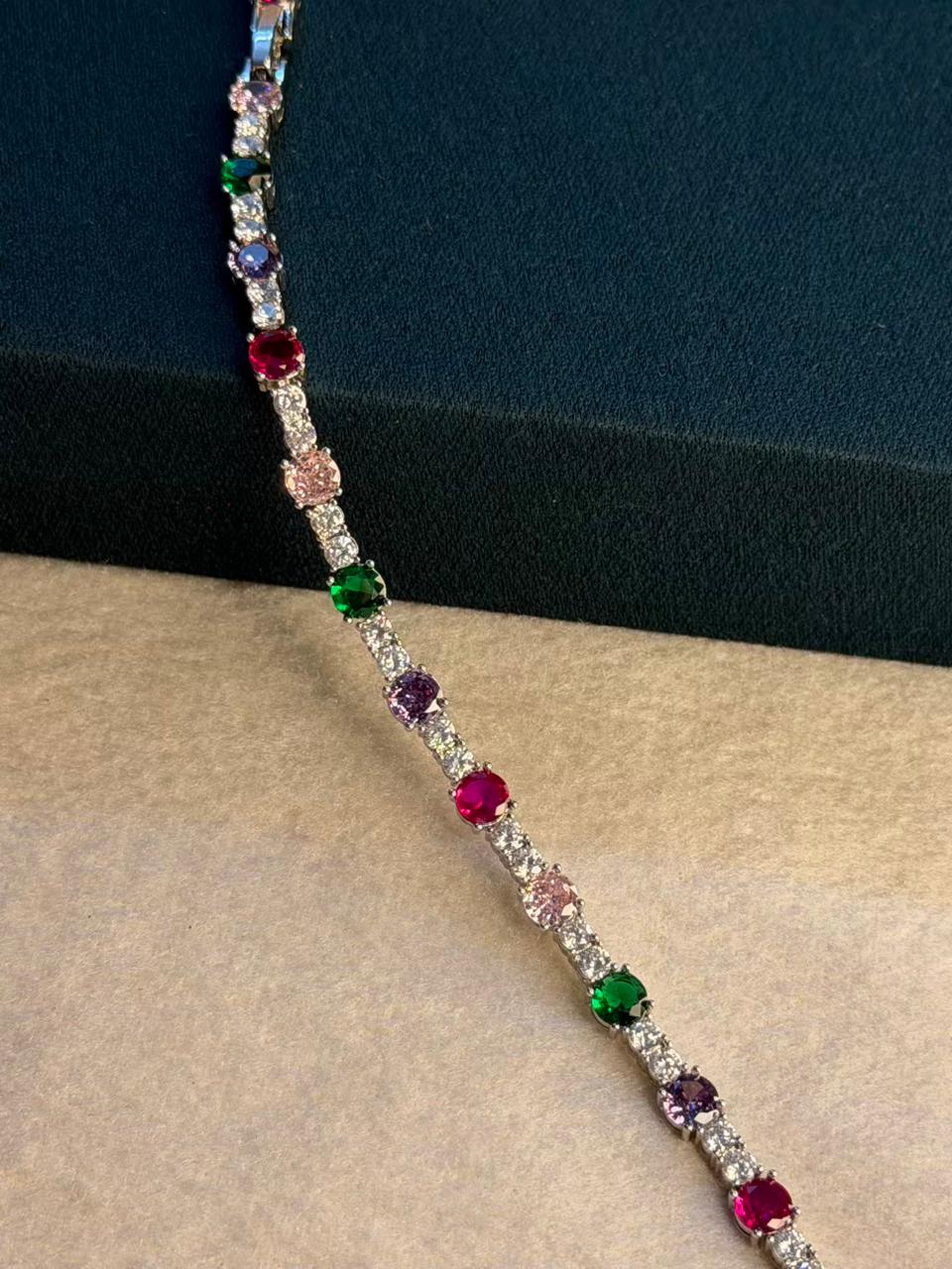 Multicolour Round Shape Silver Plated Tennis Bracelet