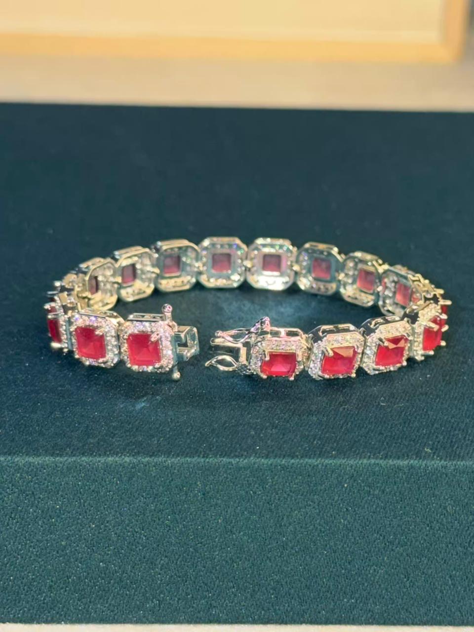 Ruby Red Square Shape Silver Plated Tennis Bracelet