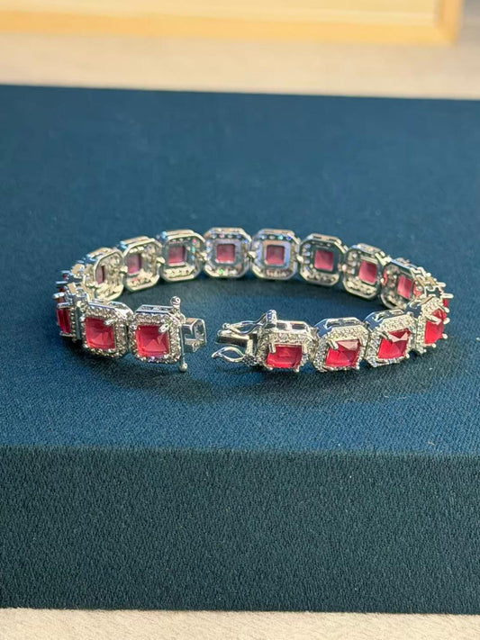 Ruby Red Square Shape Silver Plated Tennis Bracelet