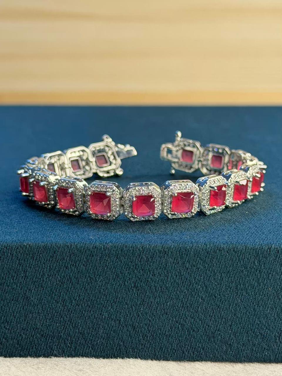 Ruby Red Square Shape Silver Plated Tennis Bracelet