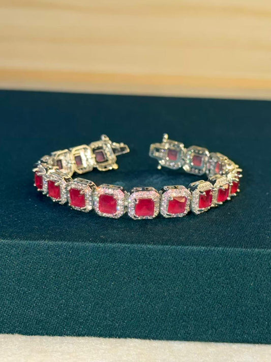 Ruby Red Square Shape Silver Plated Tennis Bracelet