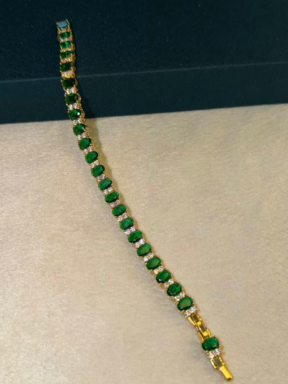 Emerald Green Oval Shape Gold Plated Tennis Bracelet