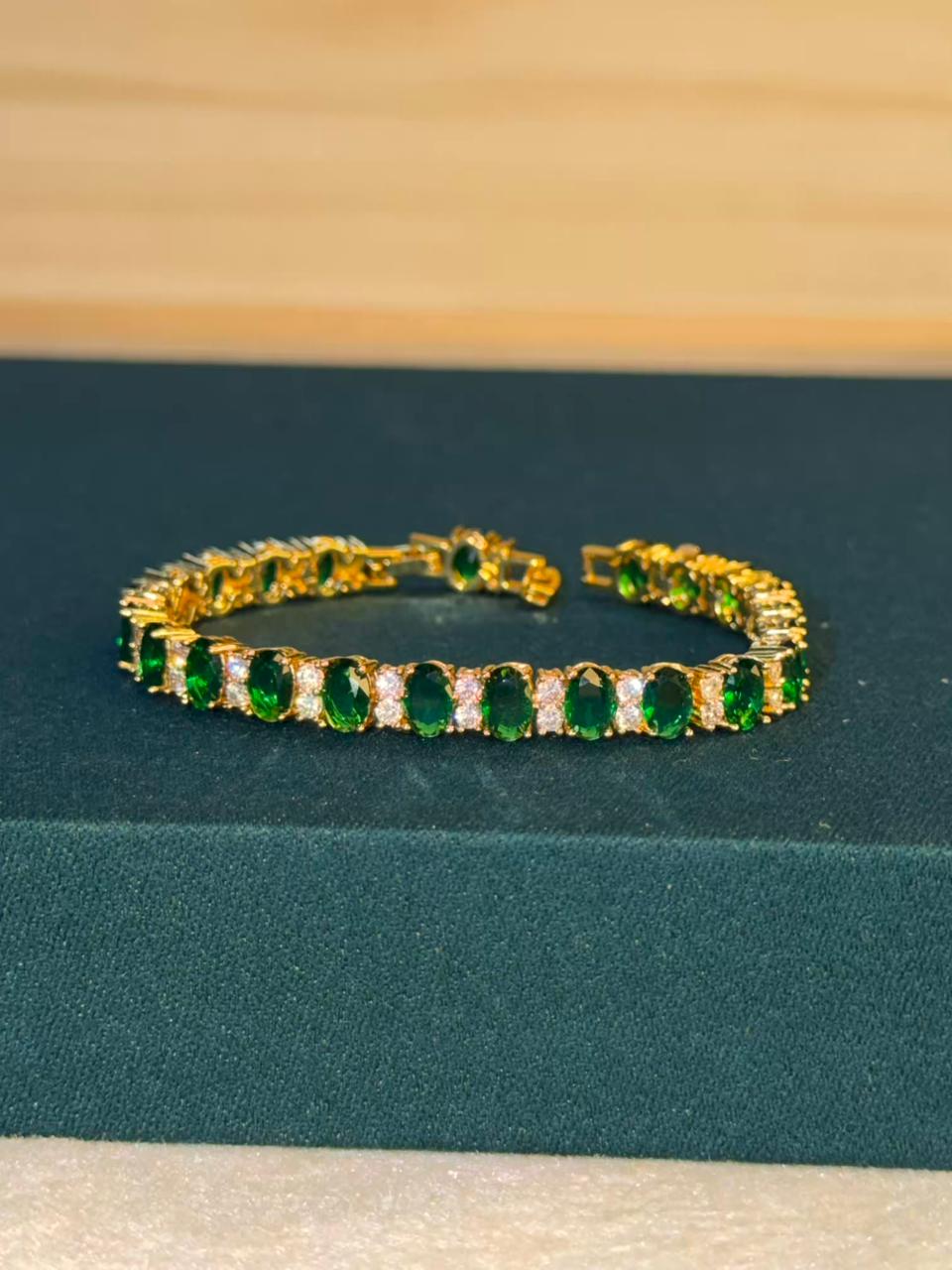 Emerald Green Oval Shape Gold Plated Tennis Bracelet