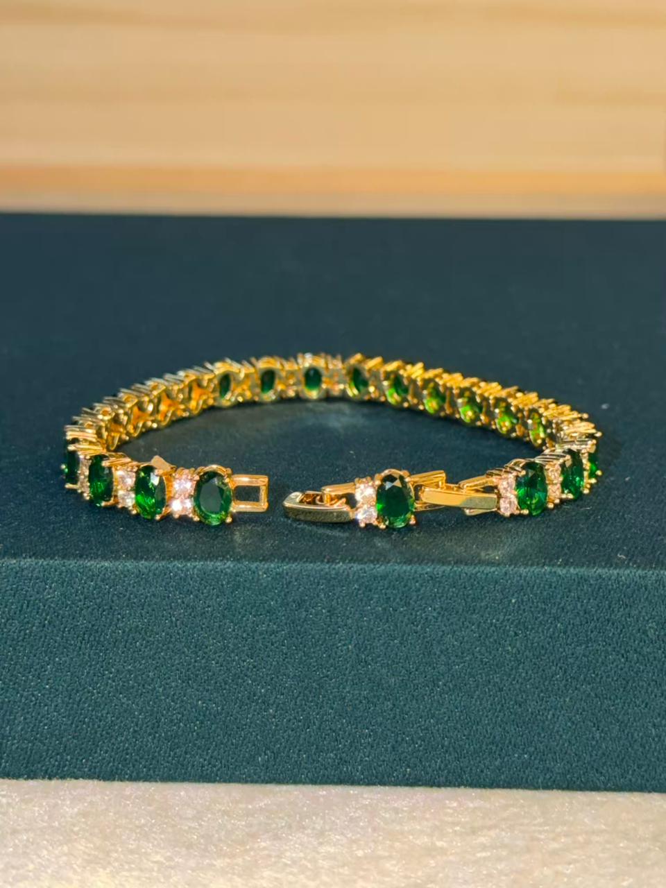 Emerald Green Oval Shape Gold Plated Tennis Bracelet