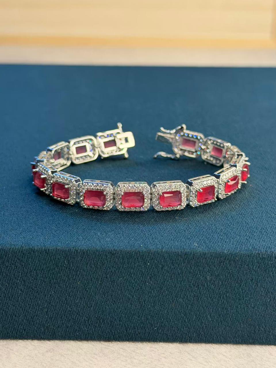 Ruby Red Halo Square Shape Silver Plated Tennis Bracelet