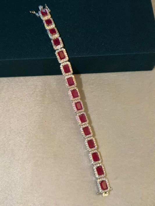 Ruby Red Halo Square Shape Silver Plated Tennis Bracelet