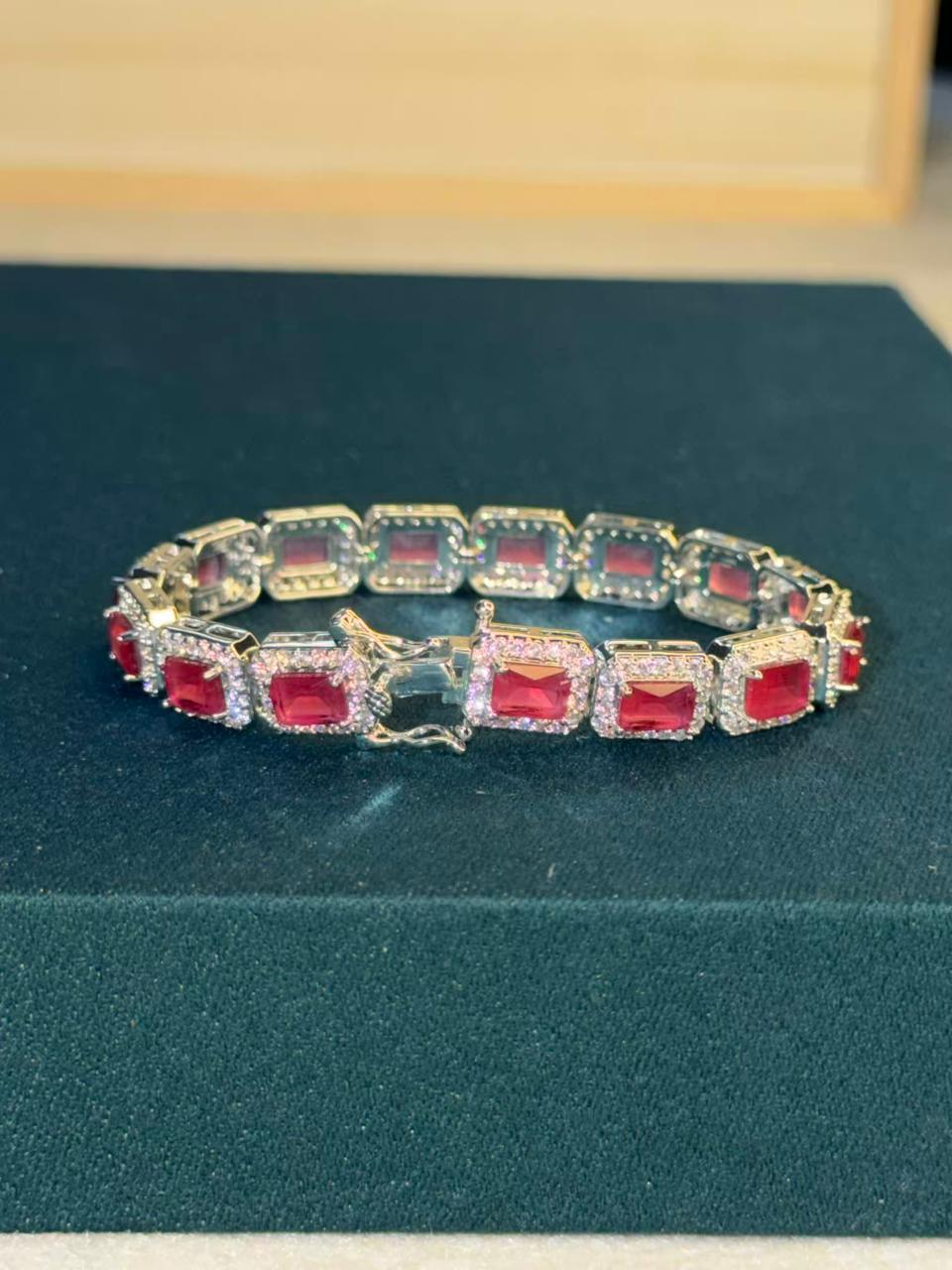 Ruby Red Halo Square Shape Silver Plated Tennis Bracelet