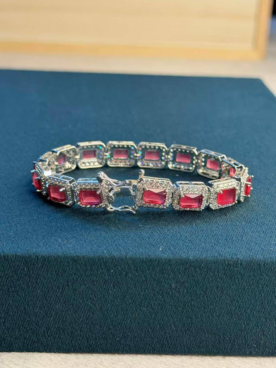 Ruby Red Halo Square Shape Silver Plated Tennis Bracelet