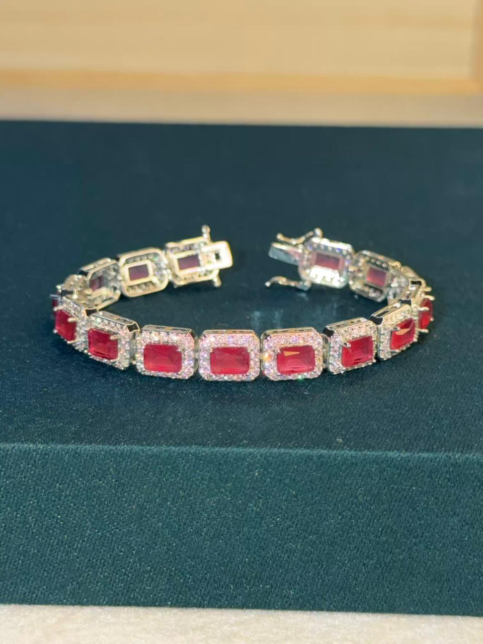 Ruby Red Halo Square Shape Silver Plated Tennis Bracelet