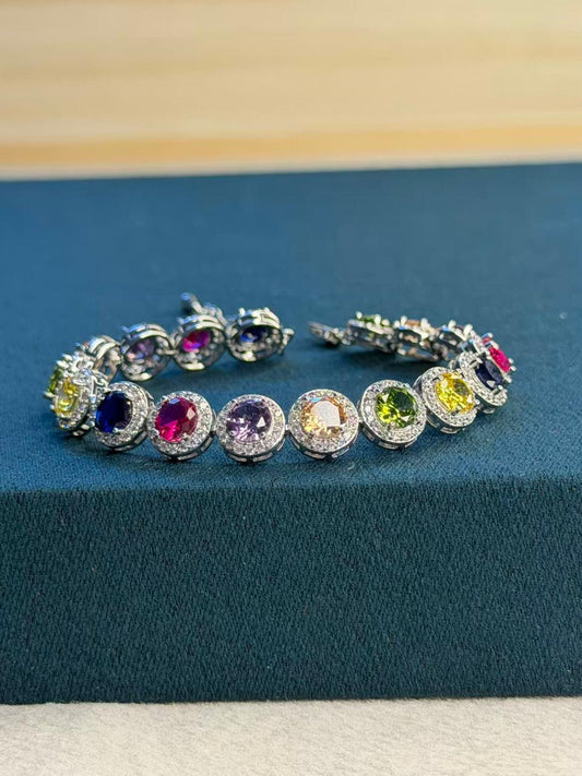 Multicolour Round Shape Silver Plated Tennis Bracelet