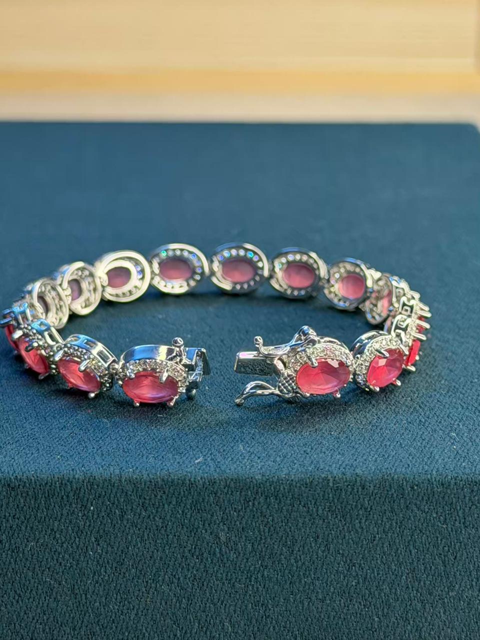 Ruby Red Oval Shape Silver Plated Tennis Bracelet