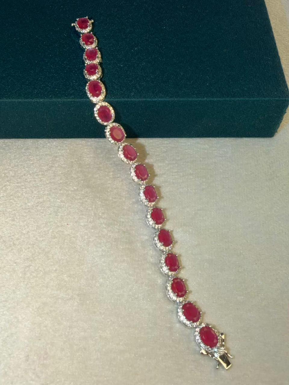 Ruby Red Oval Shape Silver Plated Tennis Bracelet