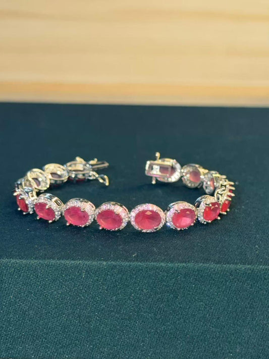 Ruby Red Oval Shape Silver Plated Tennis Bracelet