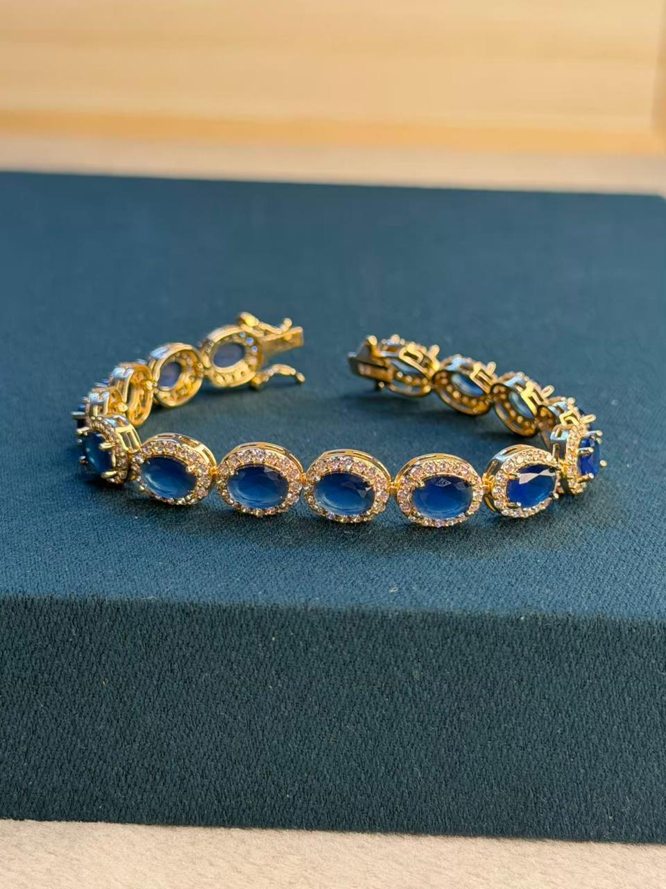Blue Oval Shape Gold Plated Tennis Bracelet