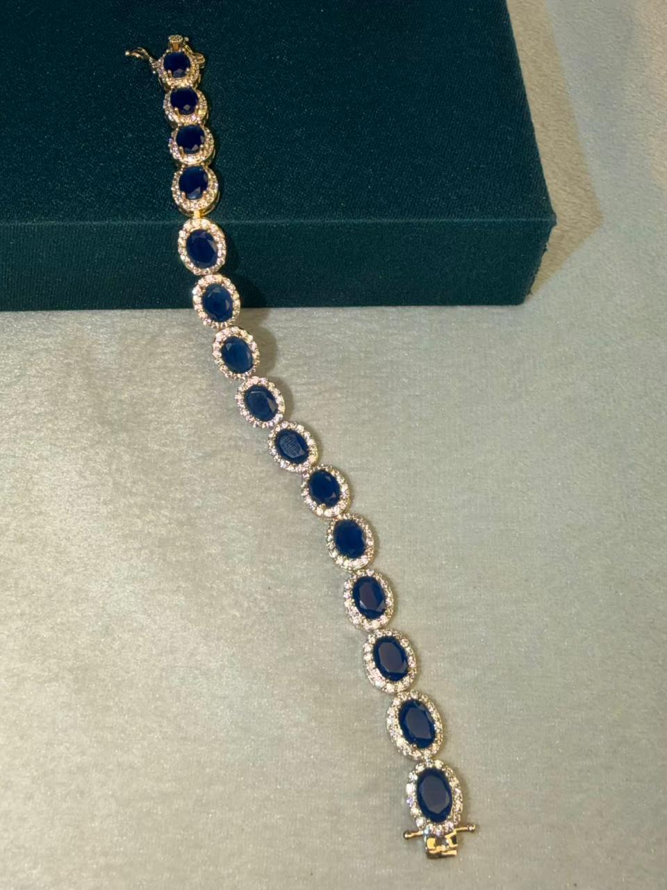 Blue Oval Shape Gold Plated Tennis Bracelet