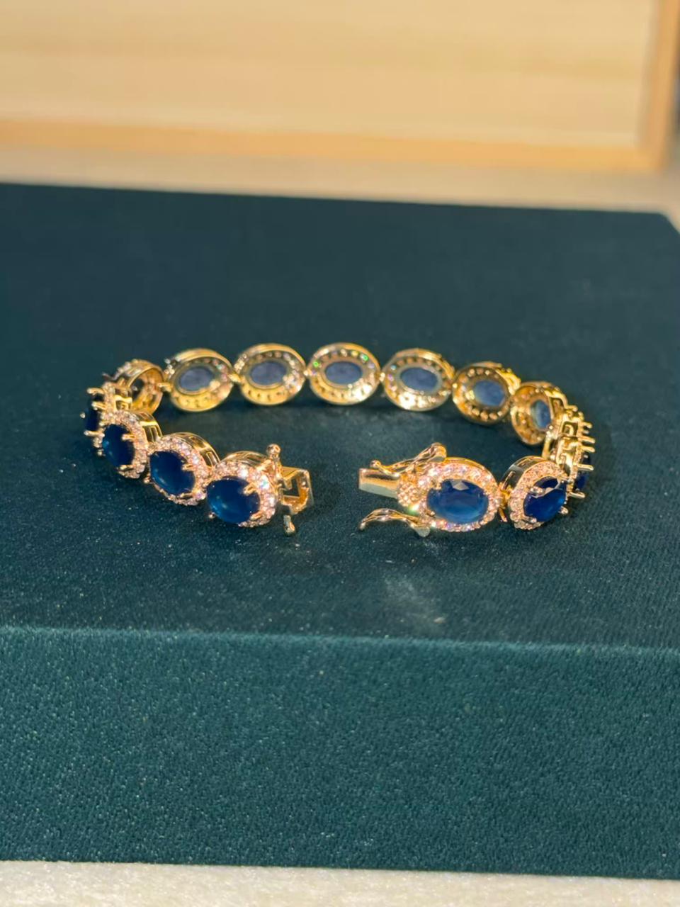 Blue Oval Shape Gold Plated Tennis Bracelet