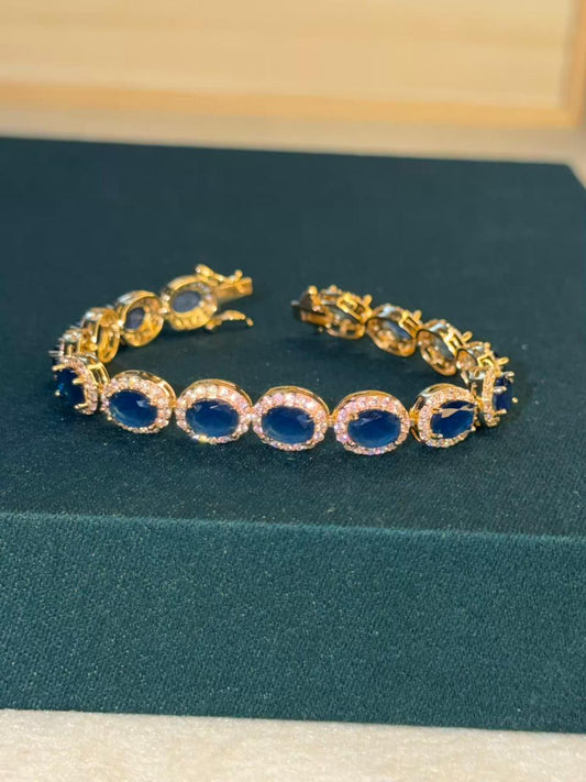 Blue Oval Shape Gold Plated Tennis Bracelet