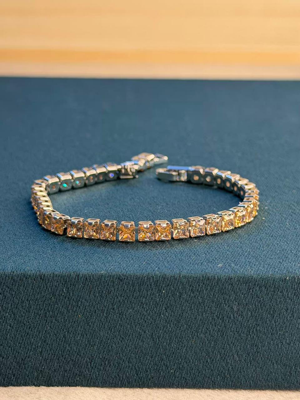 Gold Stone Square Shape Silver Plated Tennis Bracelet