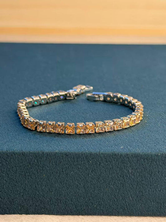 Gold Stone Square Shape Silver Plated Tennis Bracelet