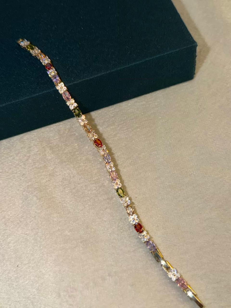 Multicoloured Floral Oval Shape Silver Plated Tennis Bracelet