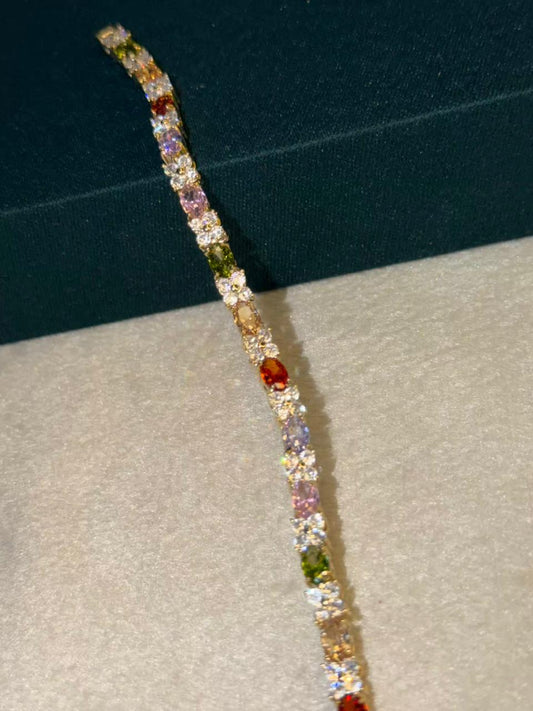 Multicoloured Floral Oval Shape Silver Plated Tennis Bracelet