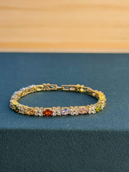 Multicoloured Floral Oval Shape Silver Plated Tennis Bracelet