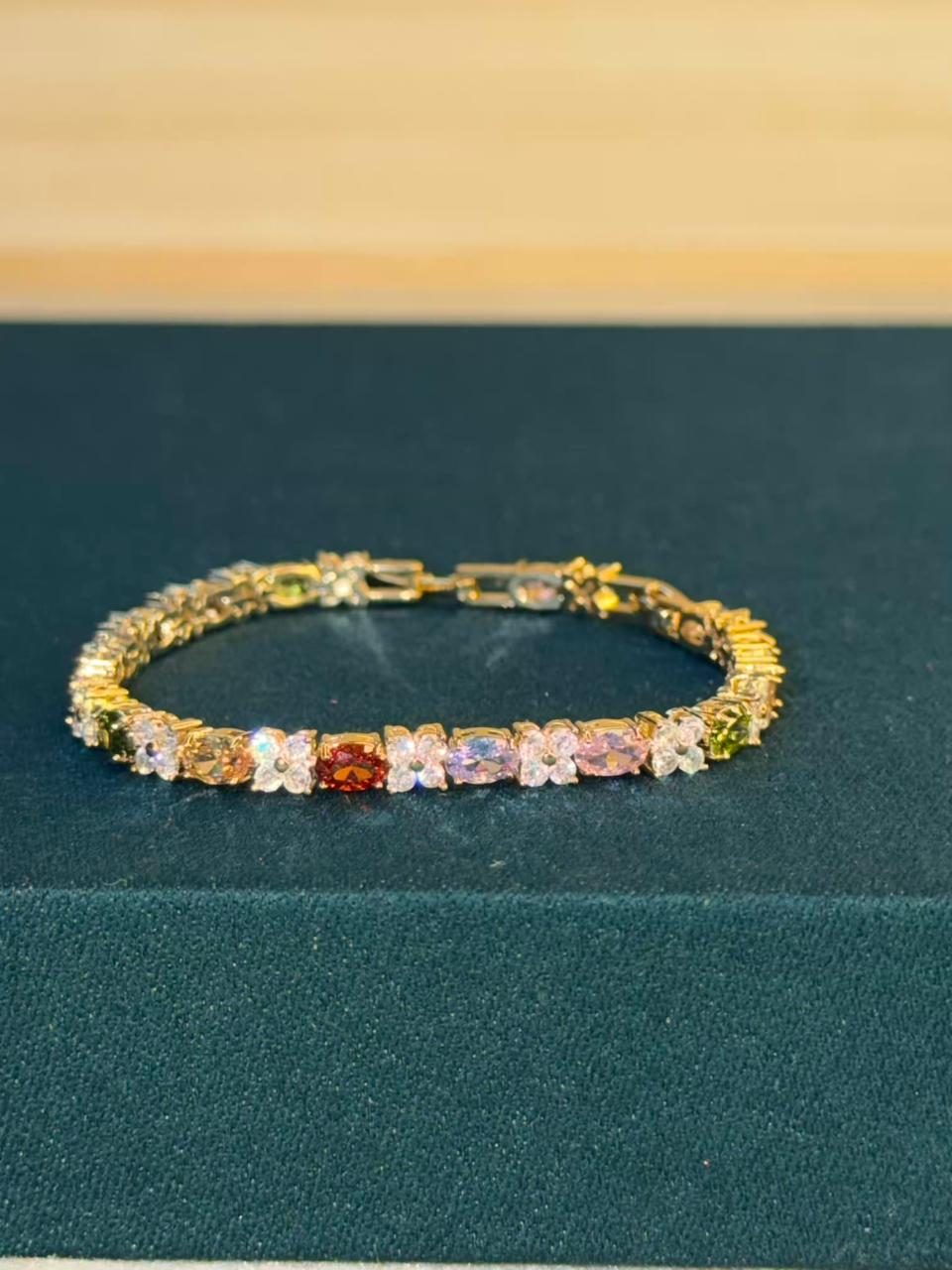 Multicoloured Floral Oval Shape Silver Plated Tennis Bracelet