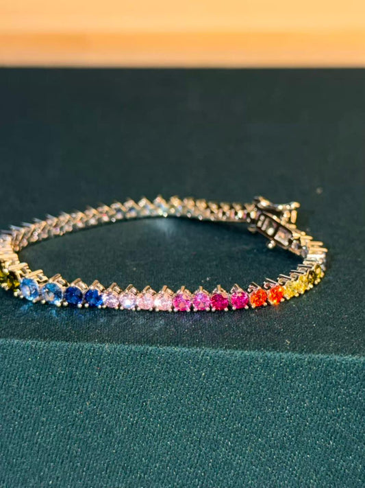 Multicoloured Rainbow Graded Premium Rhodium Silver Plated Tennis Bracelet