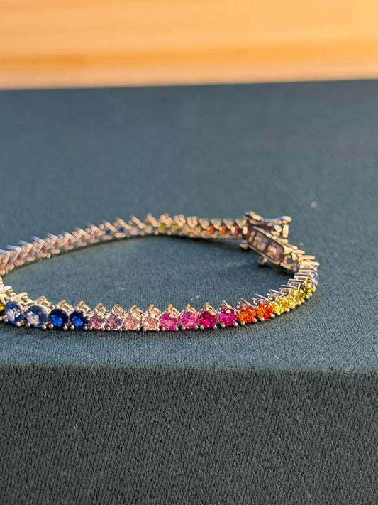 Multicoloured Rainbow Graded Premium Rhodium Silver Plated Tennis Bracelet