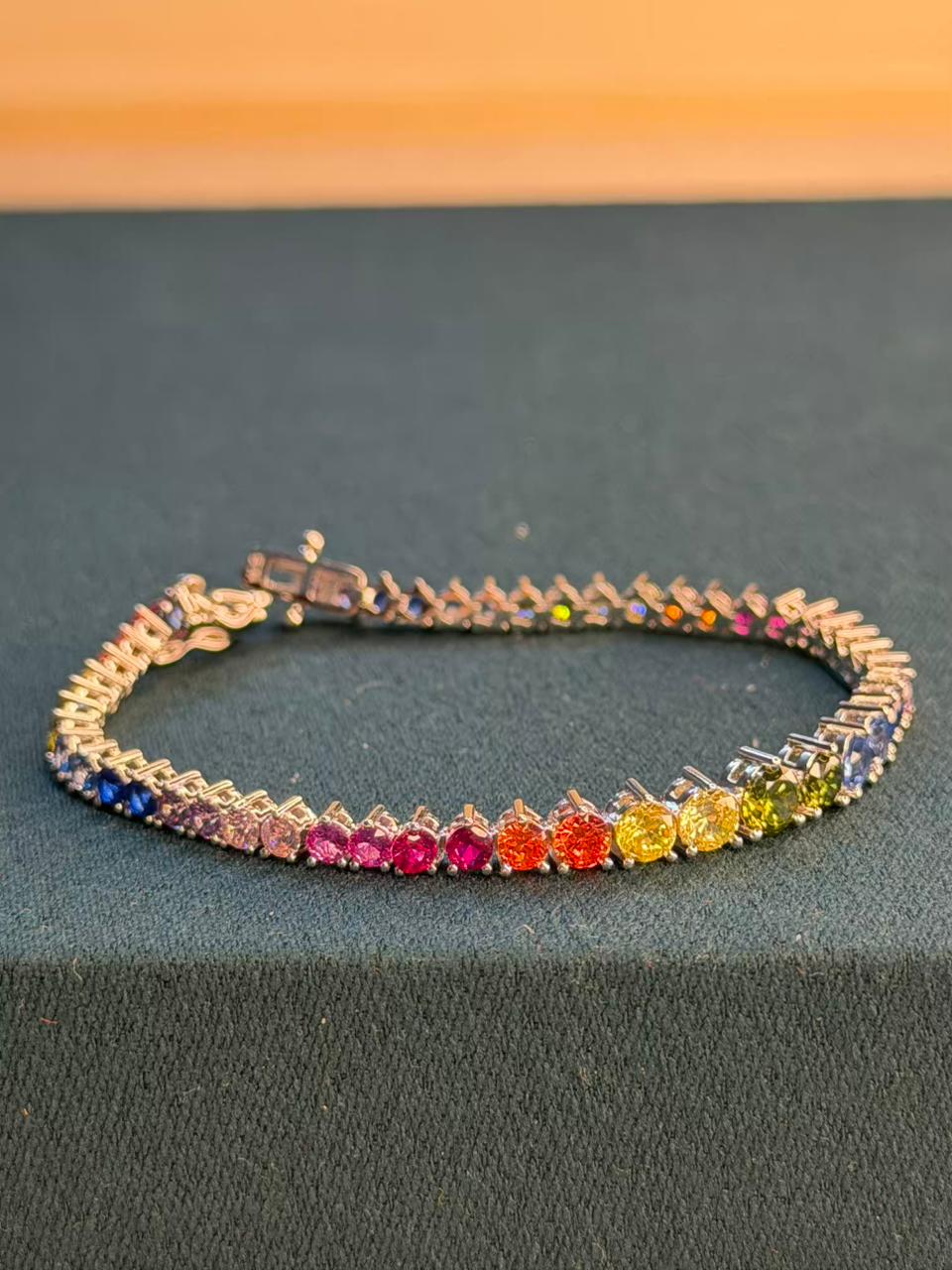 Multicoloured Rainbow Graded Premium Rhodium Silver Plated Tennis Bracelet