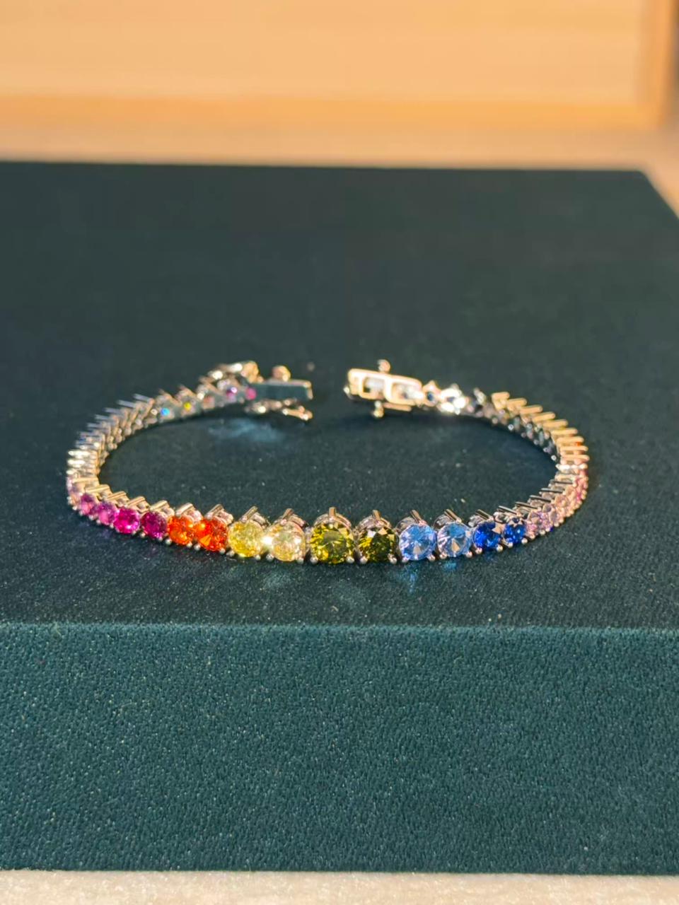 Multicoloured Rainbow Graded Premium Rhodium Silver Plated Tennis Bracelet
