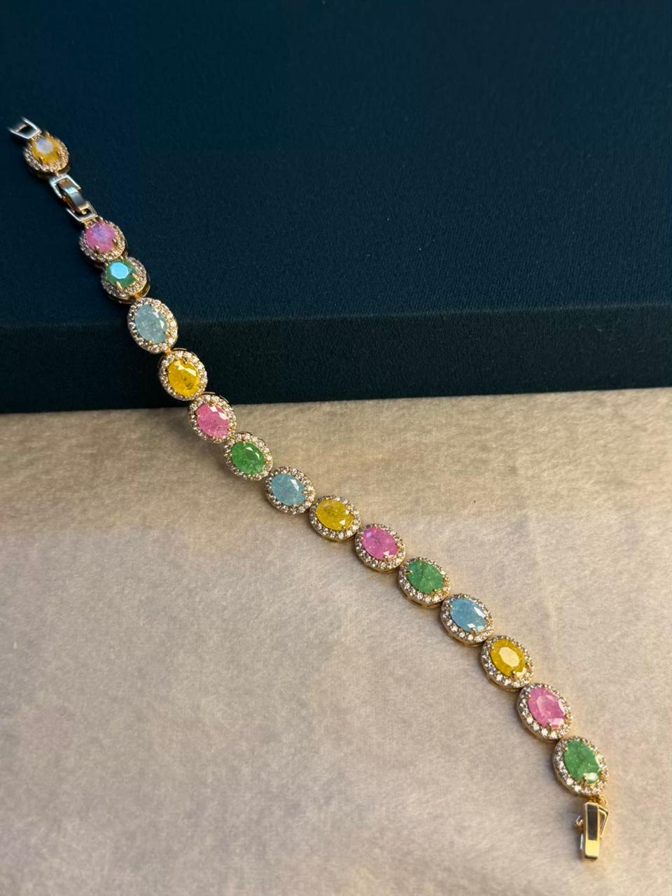 Milky Stones Oval Diamonds Gold Plated Tennis Bracelet