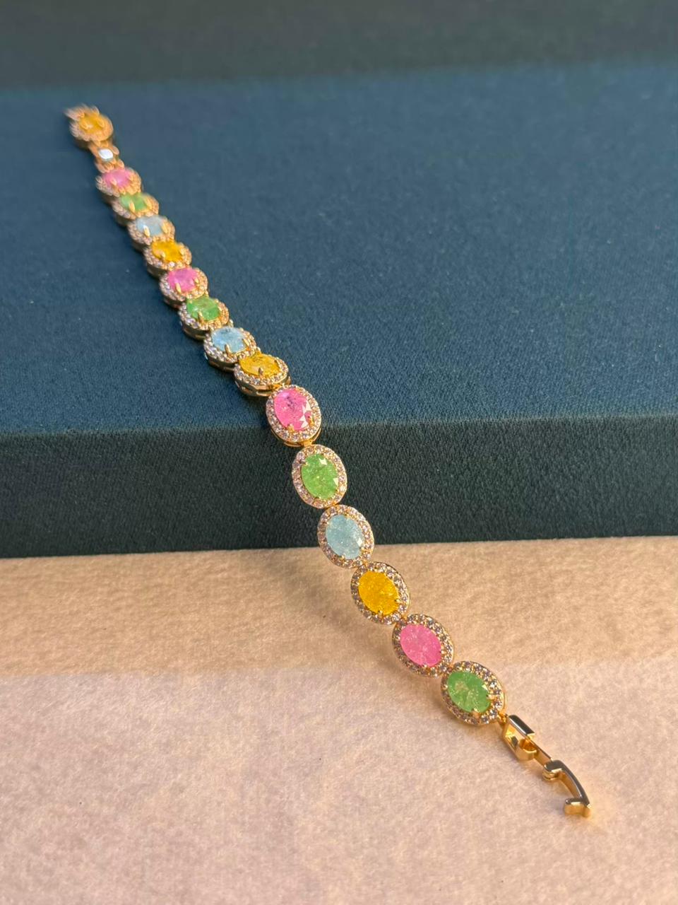 Milky Stones Oval Diamonds Gold Plated Tennis Bracelet