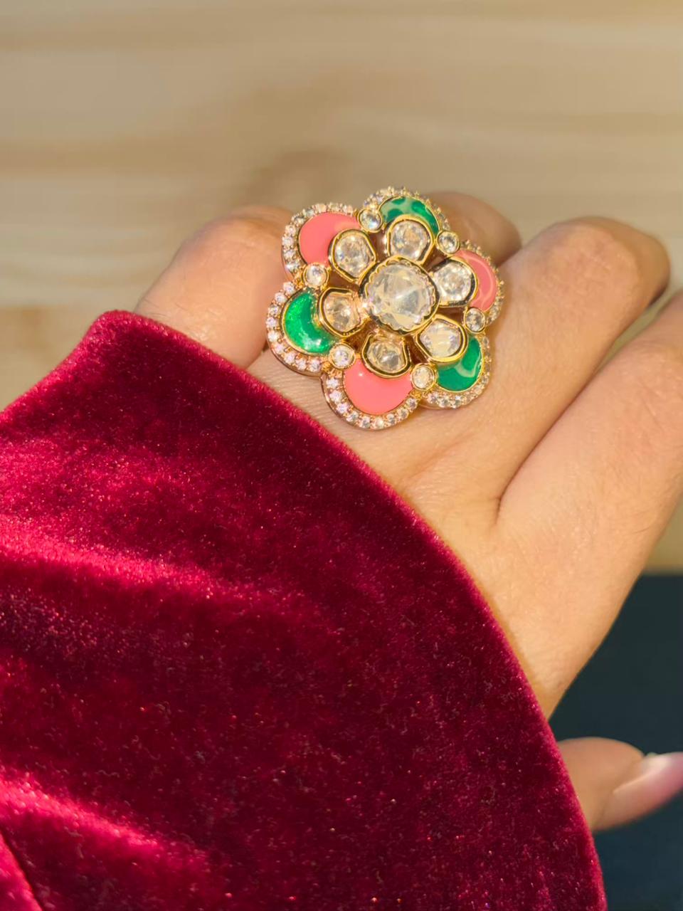 Cocktail Green and Pink  Flower Shape Ring Adjustable