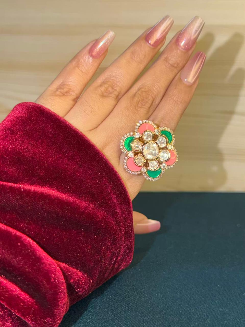 Cocktail Green and Pink  Flower Shape Ring Adjustable