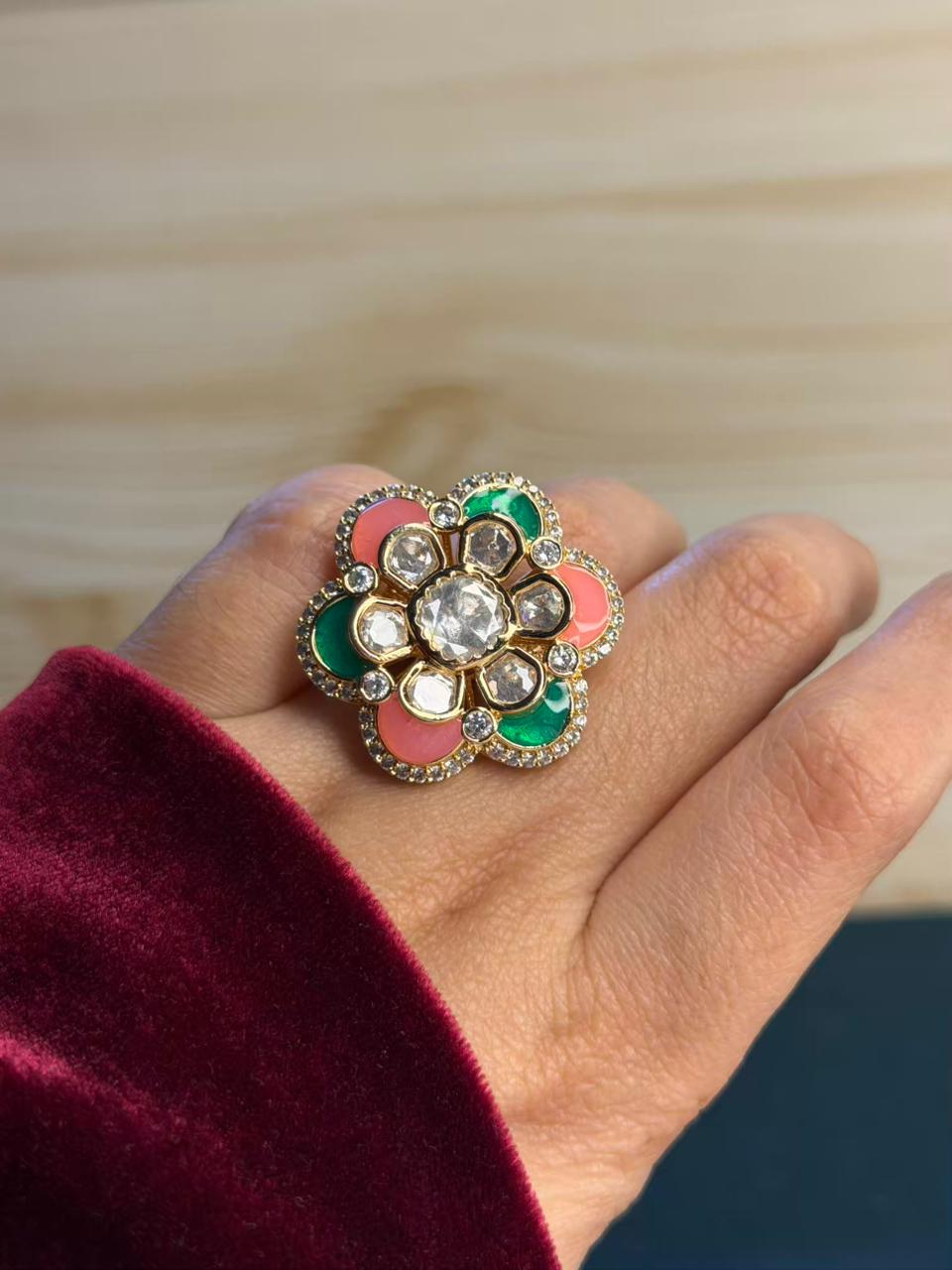 Cocktail Green and Pink  Flower Shape Ring Adjustable