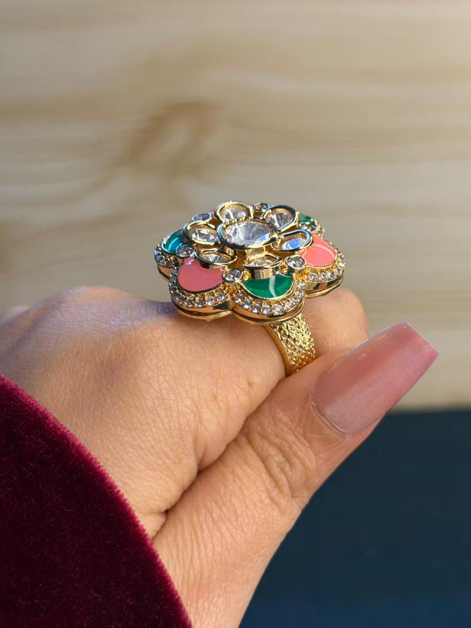 Cocktail Green and Pink  Flower Shape Ring Adjustable