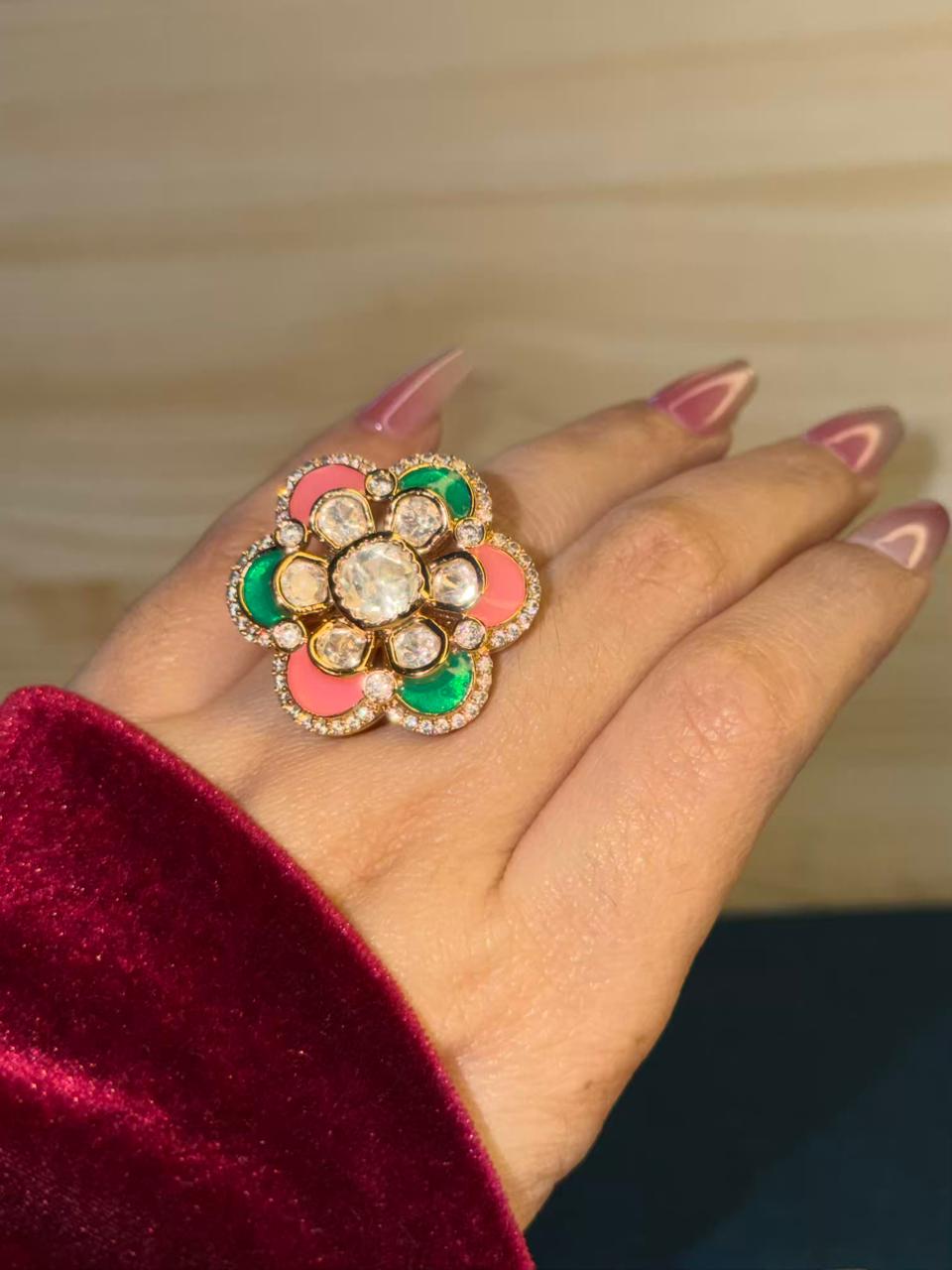 Cocktail Green and Pink  Flower Shape Ring Adjustable