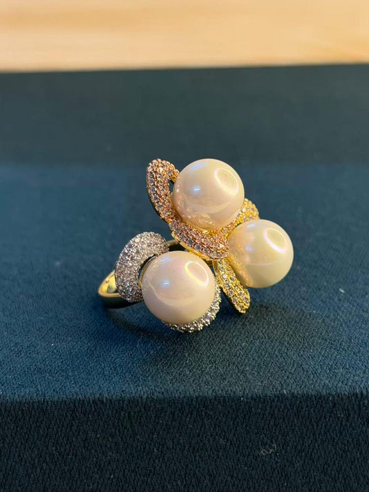 Pearly Floral Silver Gold Rose Cocktail Adjustable Ring