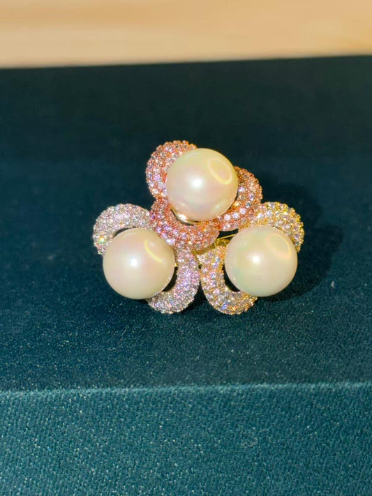 Pearly Floral Silver Gold Rose Cocktail Adjustable Ring