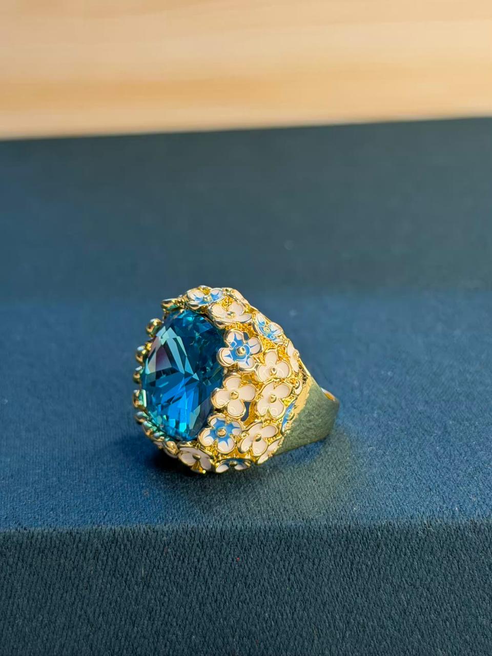 Turquoise Blue Premium Gold Floral Ring Size 8 US