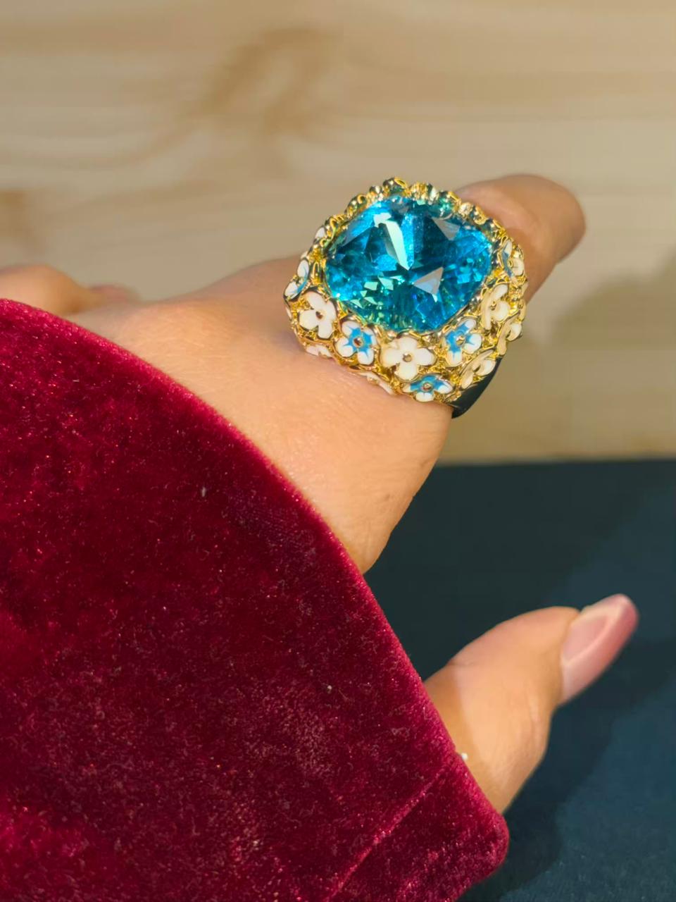 Turquoise Blue Premium Gold Floral Ring Size 8 US