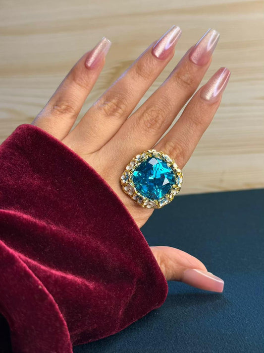 Turquoise Blue Premium Gold Floral Ring Size 8 US