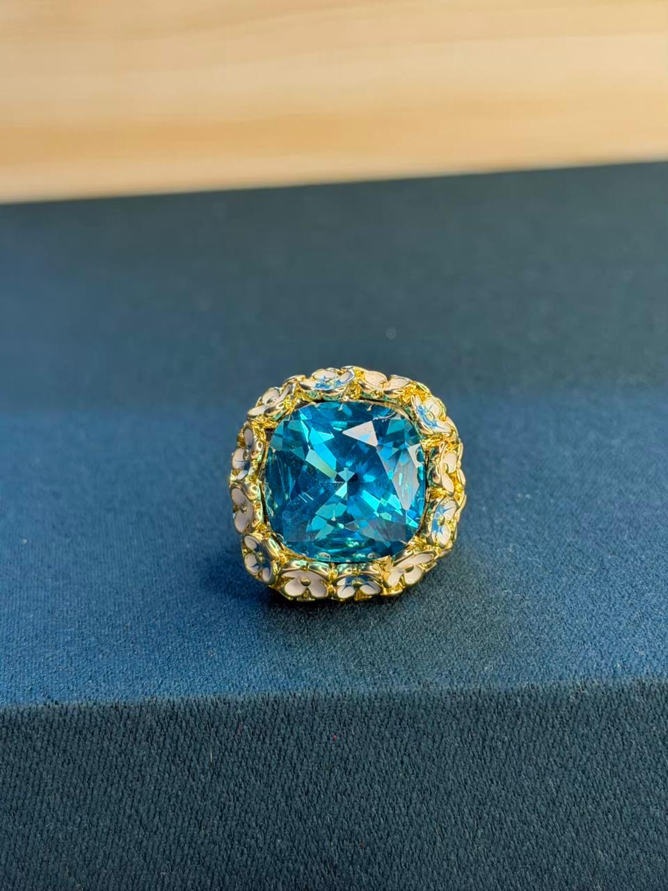 Turquoise Blue Premium Gold Floral Ring Size 8 US