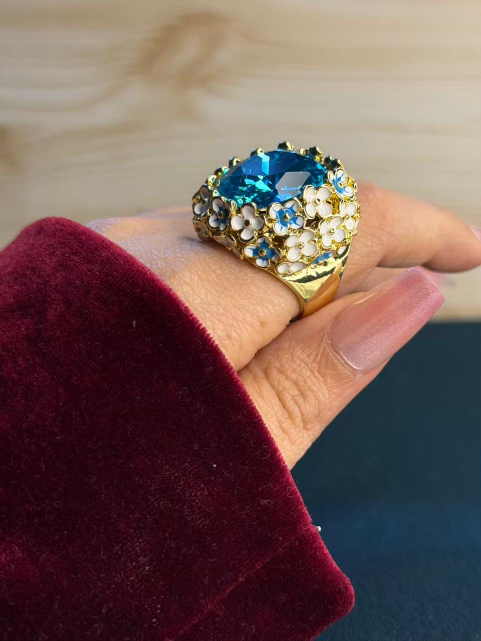 Turquoise Blue Premium Gold Floral Ring Size 8 US