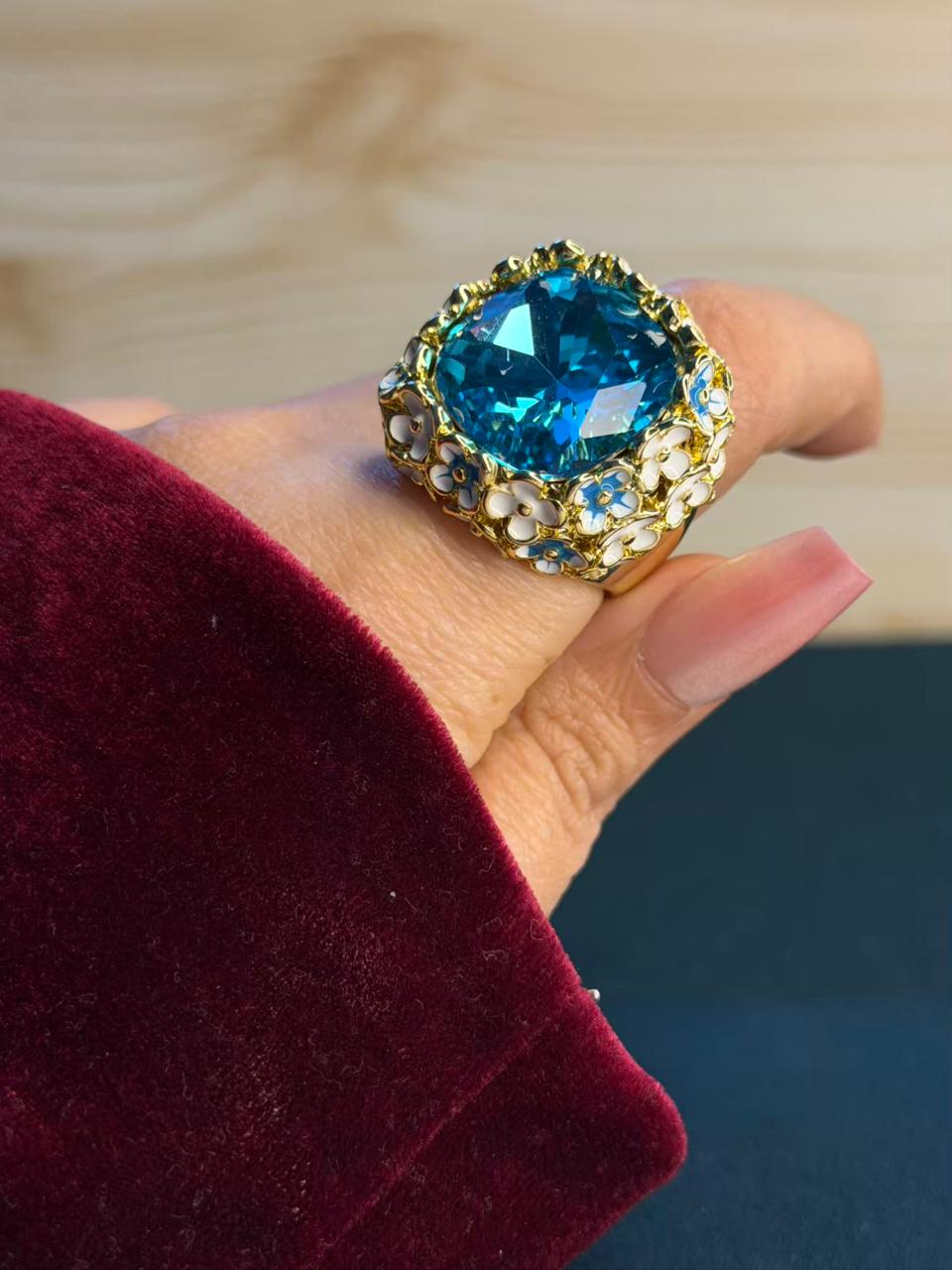 Turquoise Blue Premium Gold Floral Ring Size 8 US