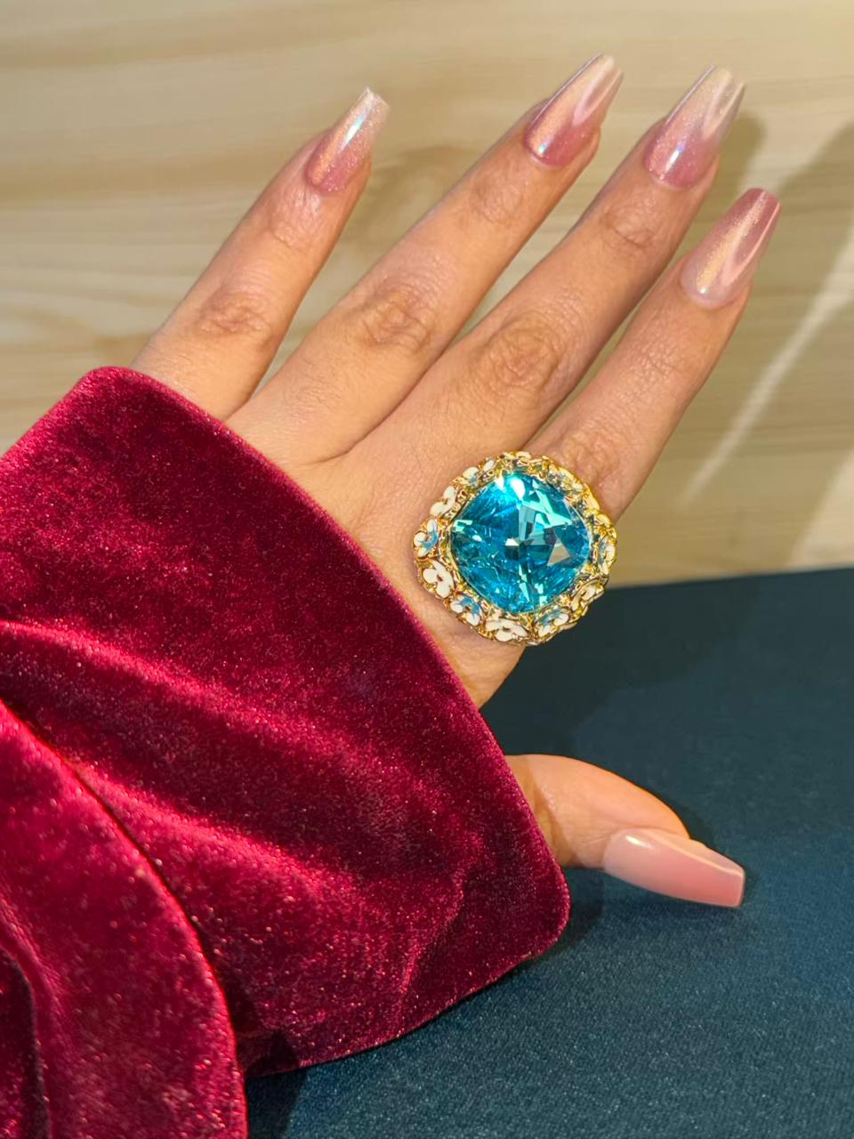 Turquoise Blue Premium Gold Floral Ring Size 8 US