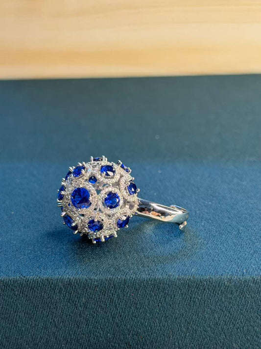 Blue Sapphire Rhodium Silver Plated Ball Adjustable Ring