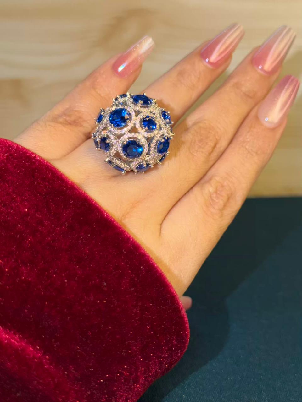Blue Sapphire Rhodium Silver Plated Ball Adjustable Ring
