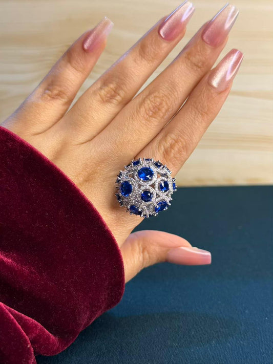 Blue Sapphire Rhodium Silver Plated Ball Adjustable Ring